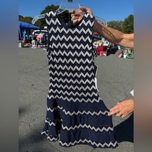 Betsy & Adam Navy and Silver Chevron Dress